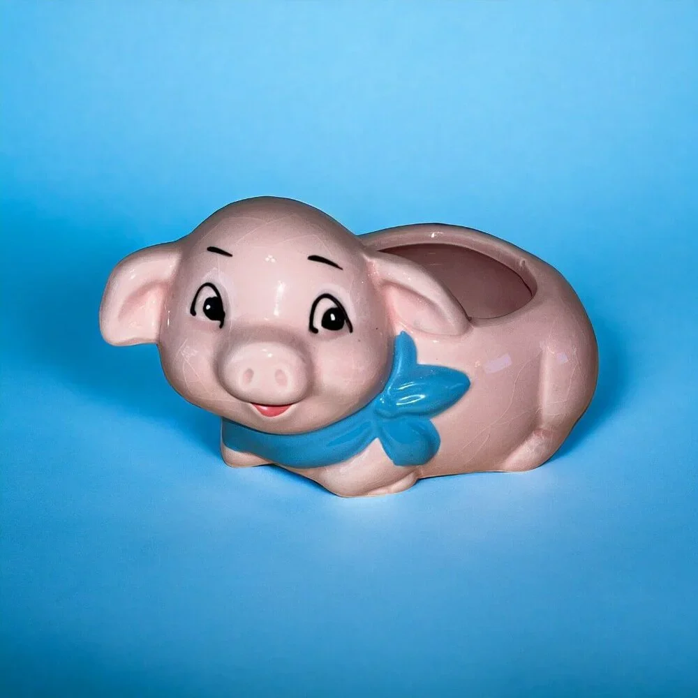 Pink Whimsical Happy Farmhouse Anthropomorphic Smiling Baby Pig Vintage Planter